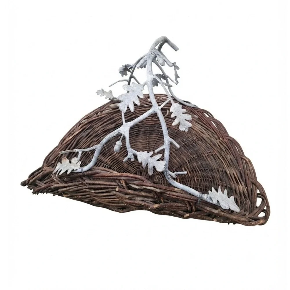 Woven Grapevine Wicker Harvest Basket Large Brown Metal Oak Branch Handle 29in